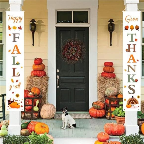 Fall Decorations for Home | Happy Fall Y'all & Give Thanks Porch Banner - Picture 4 of 7